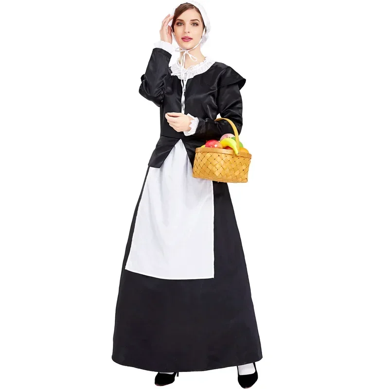 Colonial Pilgrim Woman Costume Adult Farm Maid Cosplay Historical Theatrical Halloween Thanksgiving Dress Up