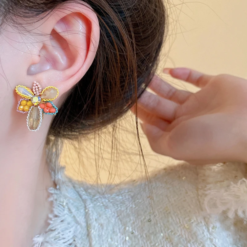 Sparkly Full Rhinestone Crystal Earrings Colorful Flowers Stud Earrings For Women Fashion Exquisite Party Wedding Ear Jewelry