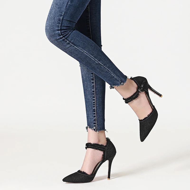 European and American denim blue pointed toe thin super high heel strap women\'s flats new stiletto shallow mouth hollow high heels women\'s fashion