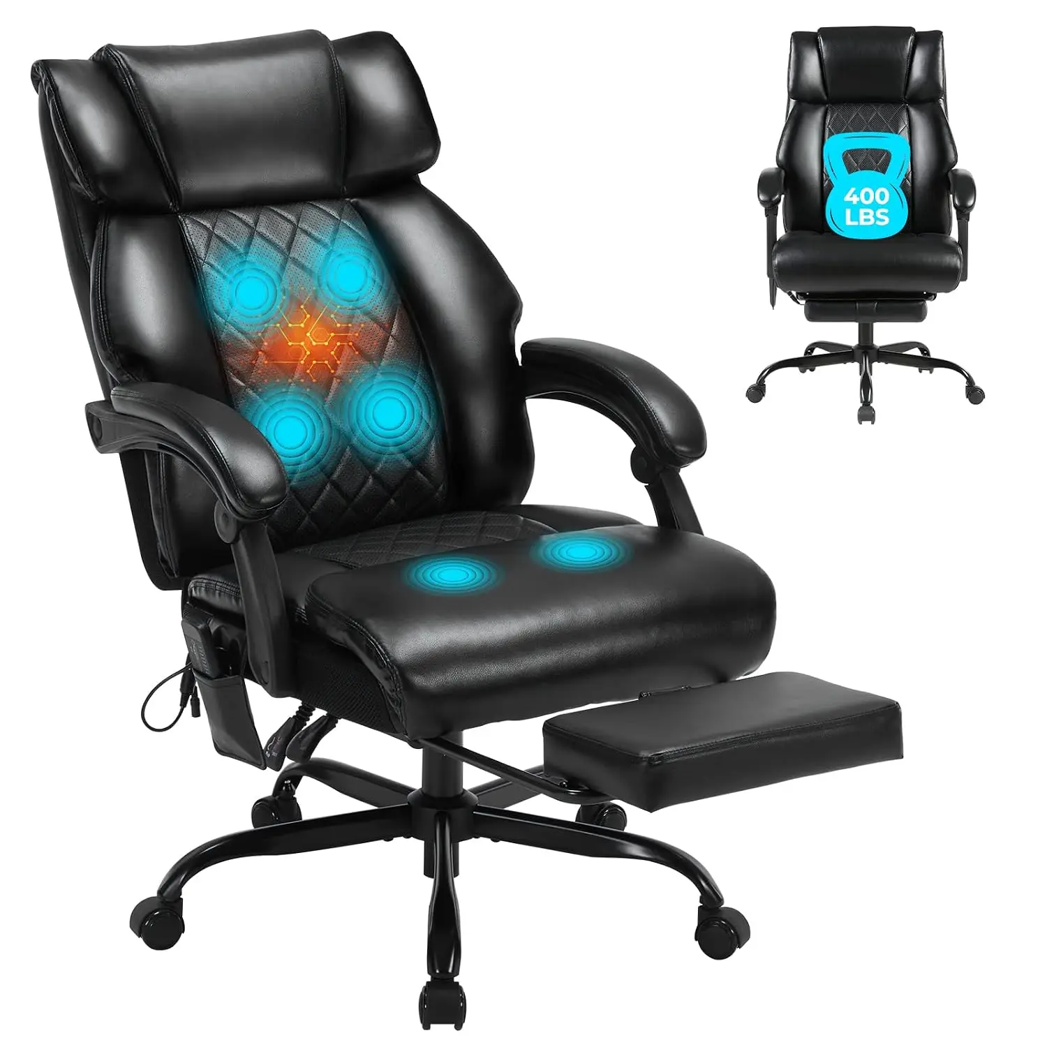 Massage Office Chair With Footrest, Heat & Vibration, Reclining Leather Executive Chair For Big & Tall, Black, Customized