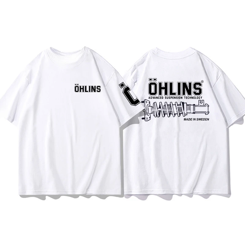 Top Summer OHLINS White T-shirt Collection Motorcycle Shock Absorber Print Short Sleeve T-shirt Racing Fan Clothes