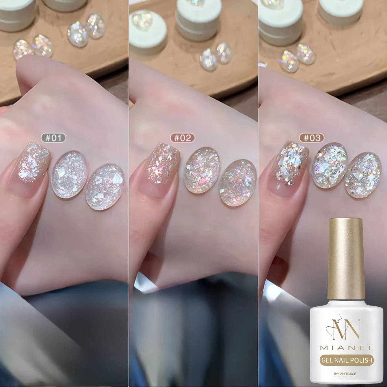 MN 10ML High-Density Glitter Nail Polish with White Shell and Rhinestone Glitter Whitening Glitter Crushed Diamond Nail Polish