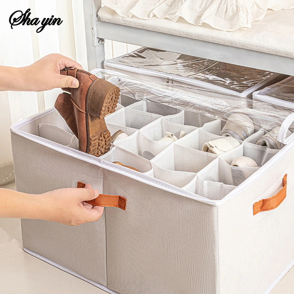 Multifunctional Grid Storage Shoe Box Cross-border Foldable Fabric with Cover Dustproof and Washable Sundries Storage Box