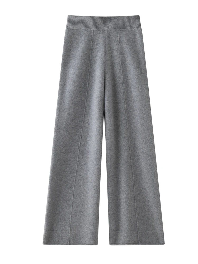 TLOML Women's 100% Cashmere Knit Wide Leg Middle Vertical Stripe Pants Autumn Winter Cashmere Thicken Warm Soft Comfy Trousers