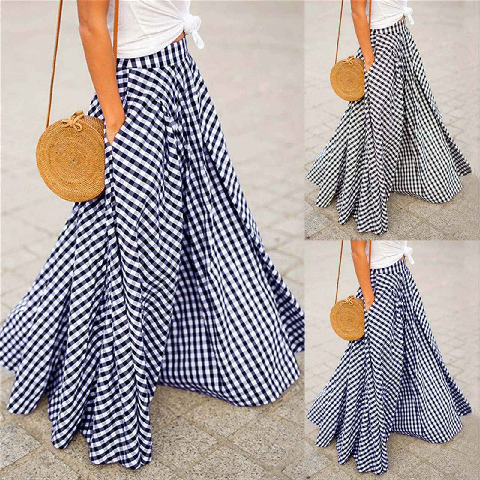 Spring Summer Elegant And Fashion Style Checkered Medium To Long High Waist Large Swing Skirt With Drop Feeling Pocket Skirt