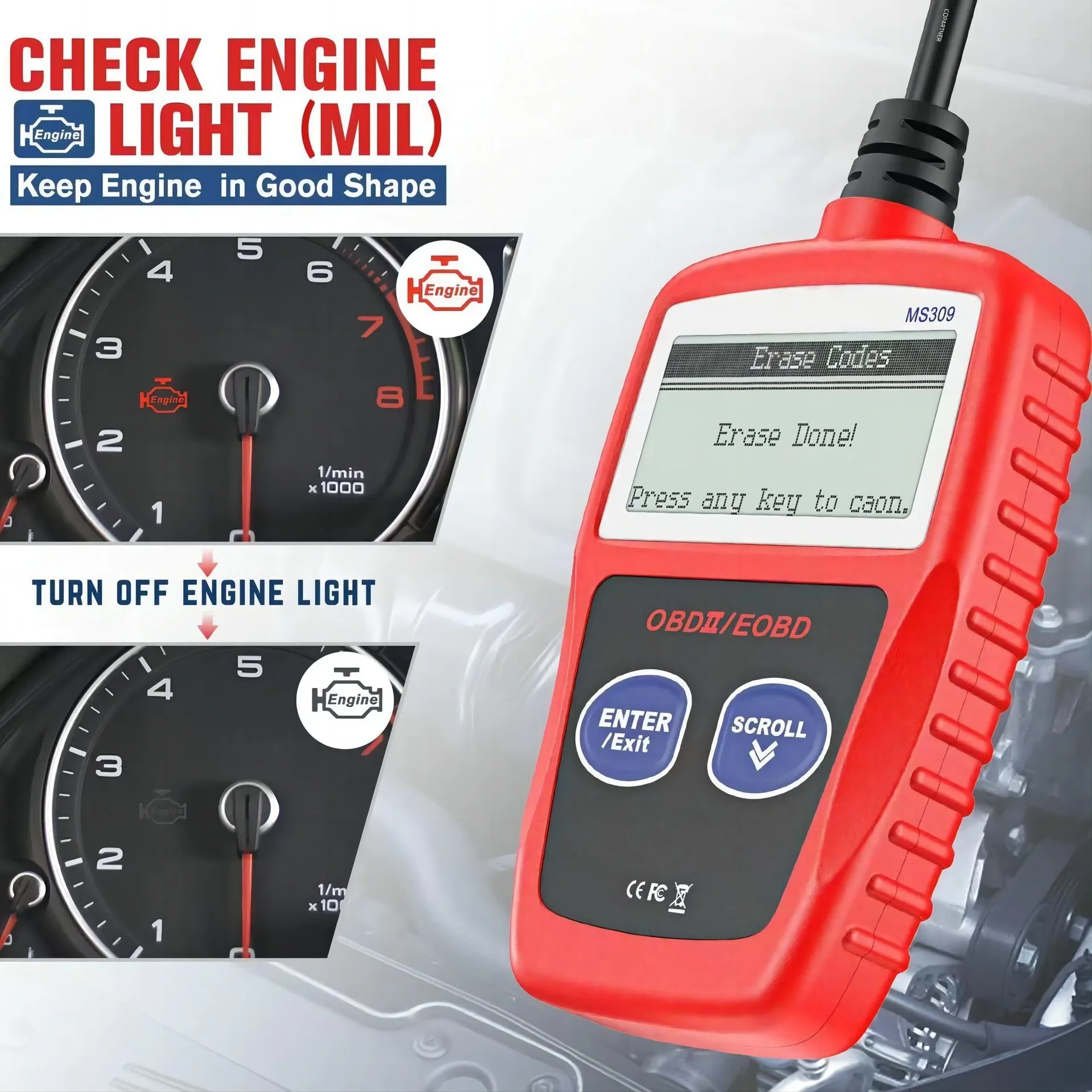 MS309 Professional OBD2 Diagnostic Scanner Vehicle Scan Tool Engine Fault Code Reader Check Engine Failure Code Detector Univers