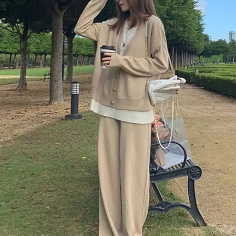 

Women Two Piece Pant Sets Knit Sweater Button V Neck Cardigan Solid Casual Wide Leg Long Pants Elegant Lady Autumn Winter