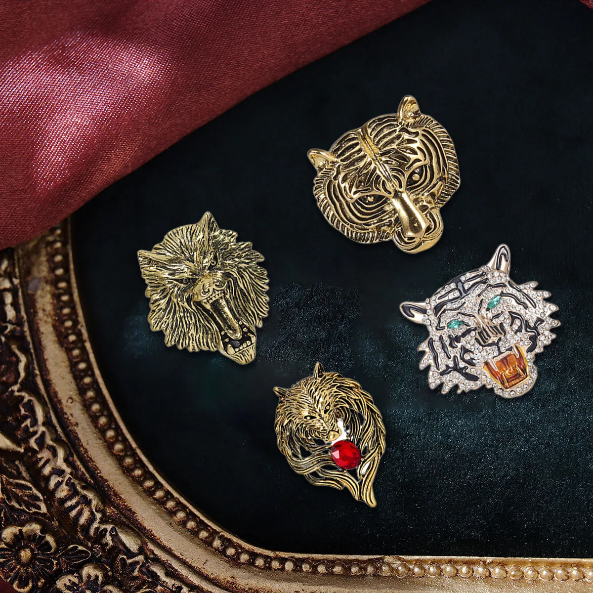 Broche de aleación con cabeza de leopardo, león o tigre, con pedrería, estilo retro transfronterizo, accesorio versátil, pin de animal, flor para el pecho
