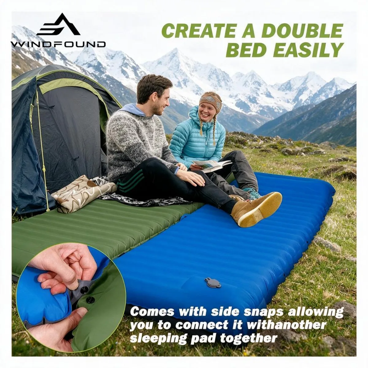 Foot Pump Camping Air Mattress, Interlocking Sleeping Pad for Tent, Waterproof Mat with Snap Buttons for Hiking Backpacking