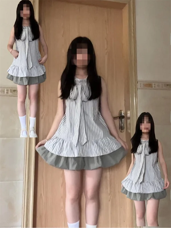 

Korean Style Hot Girl Set Women's Summer Small Design Stripe Sleeveless Shirt Flower Bud Short Skirt Two Piece Set Trendy Str...