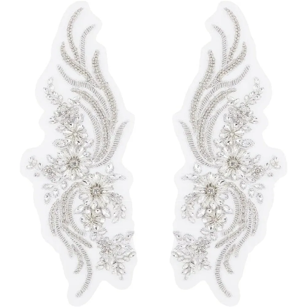 

2Pcs Flower Lace Bead Applique Handmade Rhinestones Appliques Embroidery Floral Patch Sewing Beads Trim Patch Sparkly