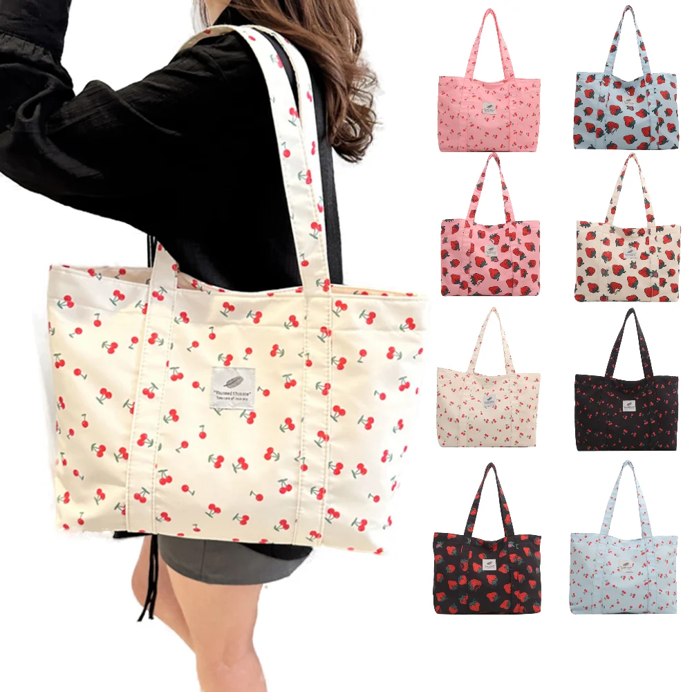 Cute Cherry Strawberry Print Casual Tote Bag Large Capacity Satchel Purse Nylon Top Handle Bag Women Grocery Fashion Shopp Bag