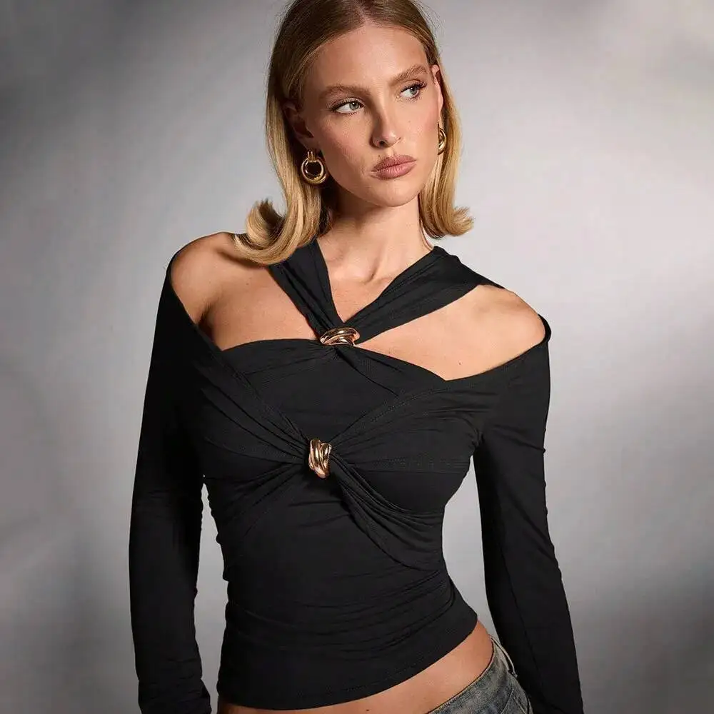 

Women Off The Shouder Base Layer 2026 Spring New Streetwear Chic Long Sleeve T Shirt Slim Fit Elegant Women's Sexy Crop Top