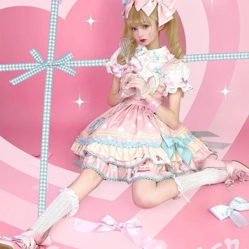 Hotsale القوس الكرتون طباعة جرلي Kawaii فساتين حفلة الأميرة بلا أكمام Harajuku اليابانية الحلو لوليتا Jsk فستان المرأة 2025 جديد