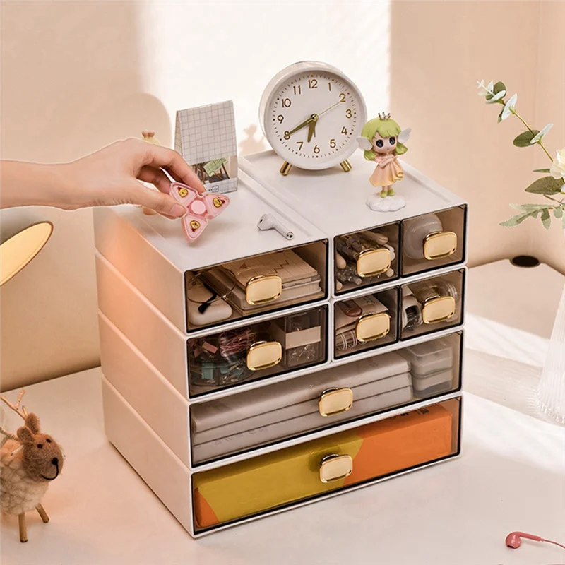 ABZZ-8015 Desktop Ins Multi-Stacked Storage Box Dormitory Desk Transparent Drawer Student Stationery Office Small Hand Book Dura