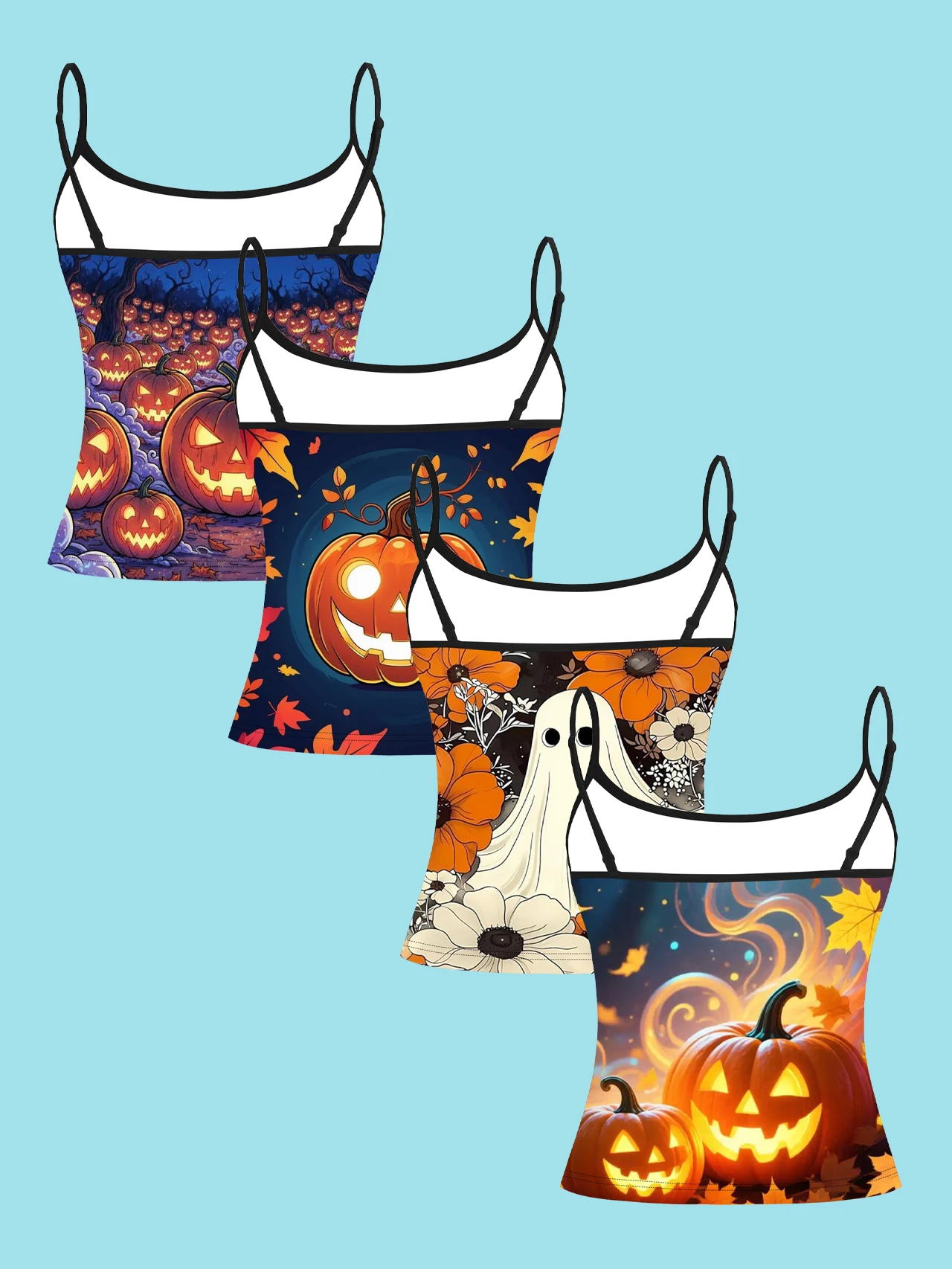 4-Piece Set of Halloween Night Scene Pumpkin Field Ghost Floral Women's Camisoles, Atmospheric Artistic Print Slim-Fit Spaghetti Strap Short Camisole Tops