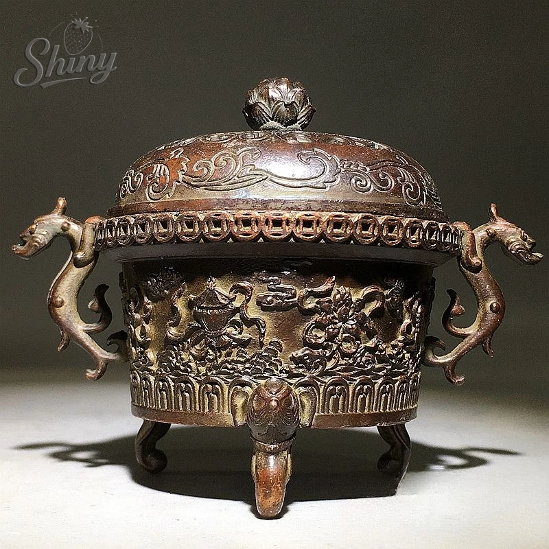 

Antique Bronze Double Eared Dragon Phoenix Incense Burner Square Vertical Lotus Indoor Aromatherapy Home Desktop Accessories