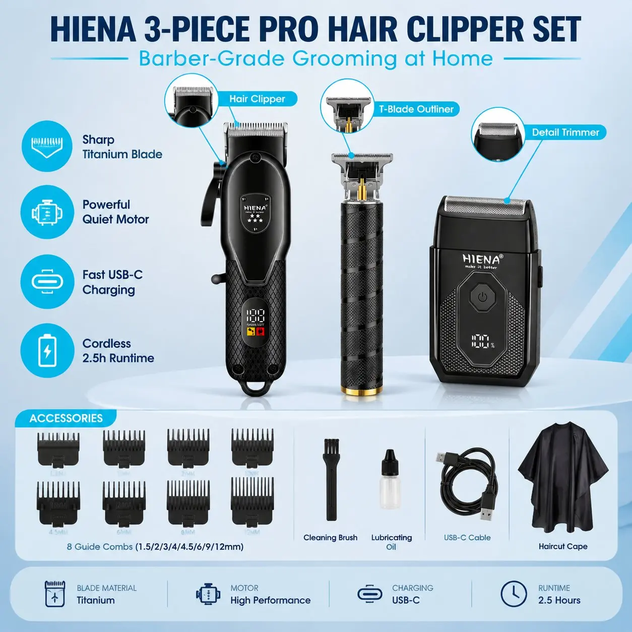 3 Pieces Hair Trimmer Kit For Man Professional 0 MM Hair Clippers Set Barber Electric Cordless Shaving Machine With Usb Charging
