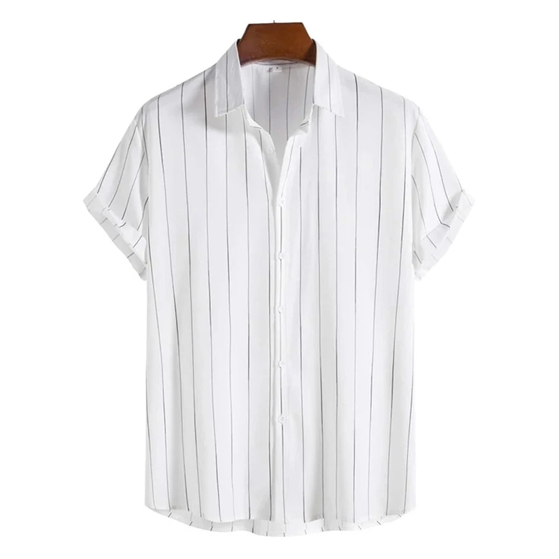 Camisa casual a rayas para hombre, traje de playa hawaiano con estampado minimalista, top de vacaciones, ropa de calle para hombre al aire libre de manga corta