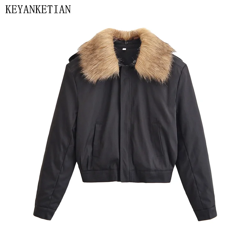 

KEYANKETIAN Winter New Women's Fur Collar Shoulder Patch Placket Zipper Side Pocket Cotton Jacket Women Cotton Coat