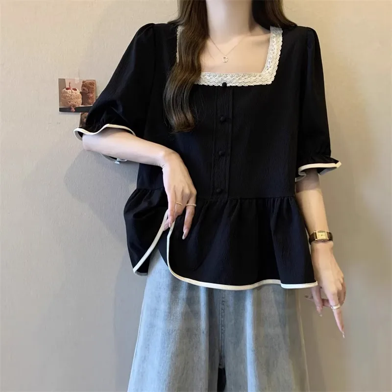 Blouse Women Ruffles Square Collar Summer Loose Fit Chic Panelled Trendy All-match Korean Fashion Cozy Students Harajuku Tops