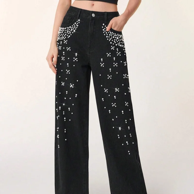 

Утягивающие прямые джинсы для женщин, повседневные свободные джинсы со стразами, осенние модные женские джинсы со свободной талией, без стрейч