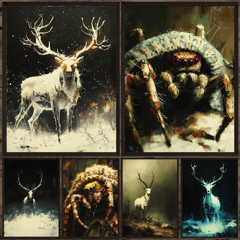 Vintage Gothic White Stag And Spider Tarantula Art Poster Print,Spooky Scary Animal Wall Art Canvas Painting,Dark Academia Decor