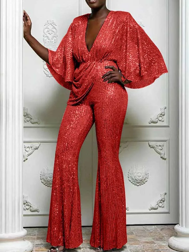 Elegant Party Jumpsuits สําหรับผู้หญิง One Piece ชุดเซ็กซี่ Backless Jumpsuit กับเลื่อมยืดตรง Flare กางเกง Jumpsuits