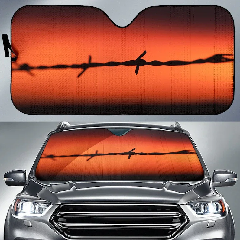 Cowboy Western Barbed Wire Auto Sunshade With Design  Red and Black Car Sunshade Art