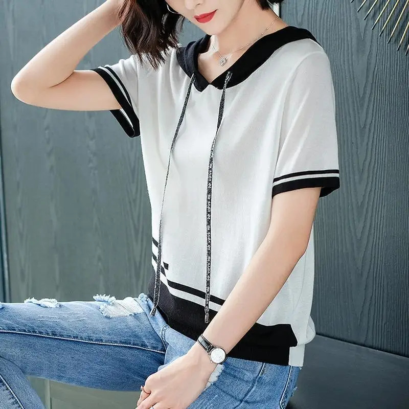 Women\'s Summer New Hooded Pullover Knitted Shirt Fashion Sweet T-shirt Contrast Spliced Versatile Casual Thin Short Sleeved Tops