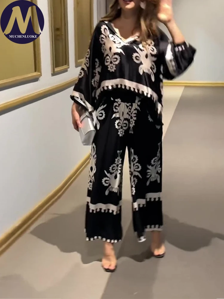 

Women's Two Pieces Set Summer Autumn New Elegant Printed Long Sleeves Irregular Tops Suits Fashionable Casual Loose Pant Sets