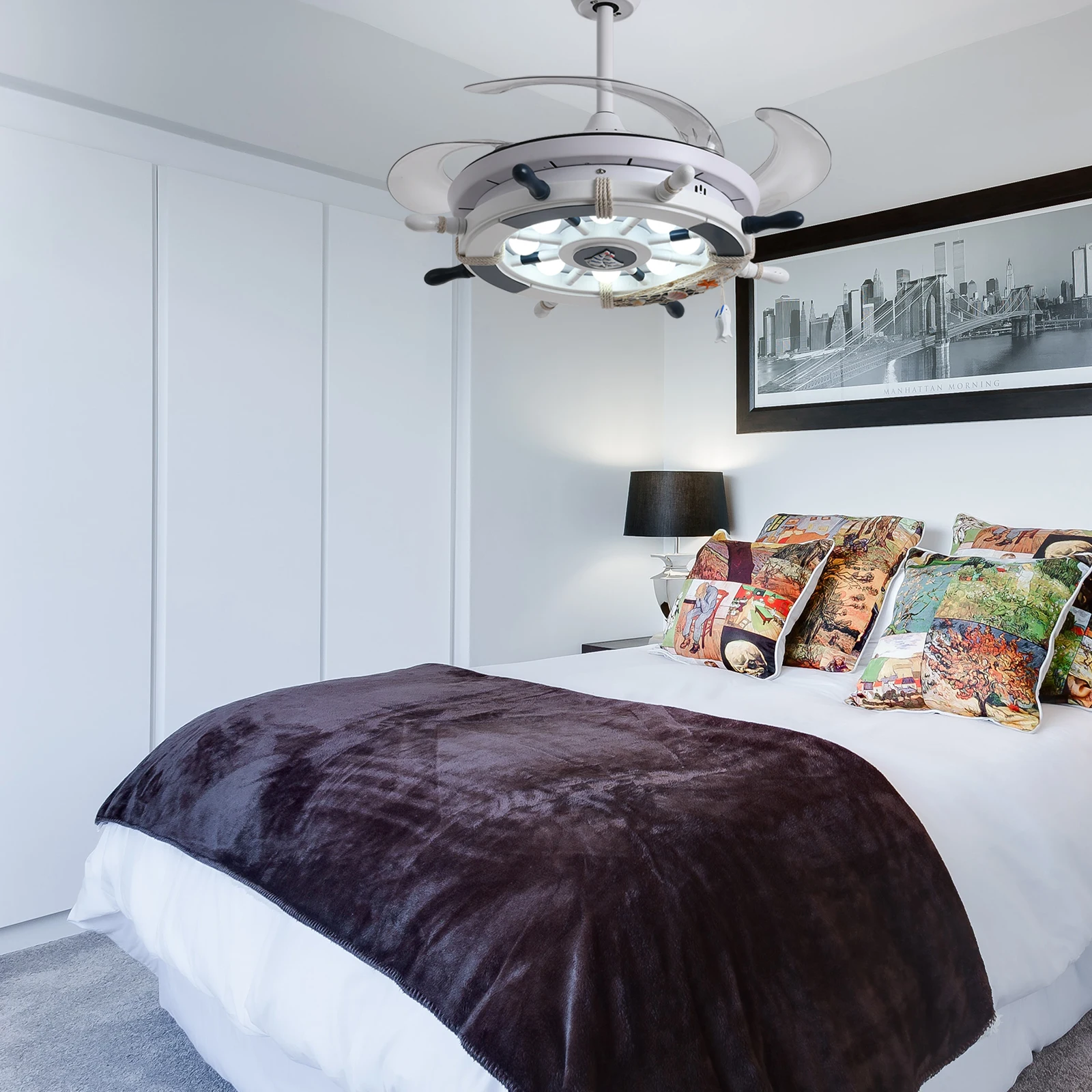 Silver  220v 24W Universal Remote Control Crystal Led Ceiling Fan Light With Hidden Blades Suit for 10 to 20 square Meters Room