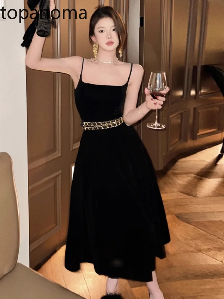 Topanoma Elegant Dresses Women Sleeveless Square Collar Vintage Sexy Velvet Temperament Evening Dress Cocktail Birthday Party