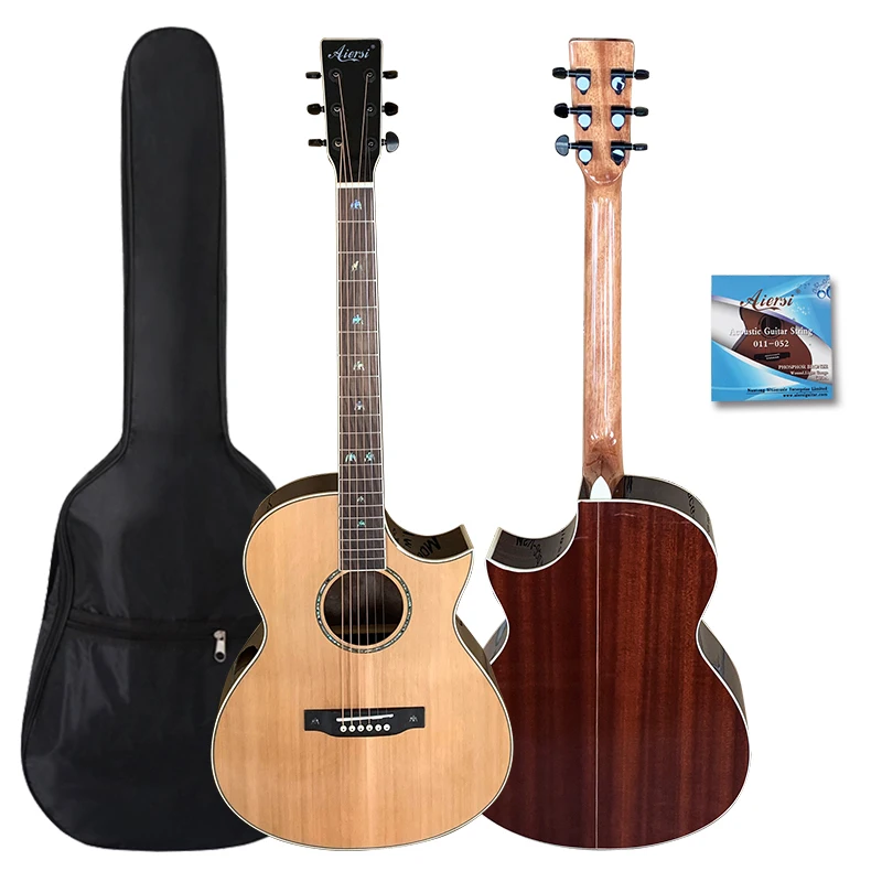 wholesale price custom OEM ODM Aiersi Brand glossy cutaway solid cedar top Rosewood folk acoustic guitar musical instruments