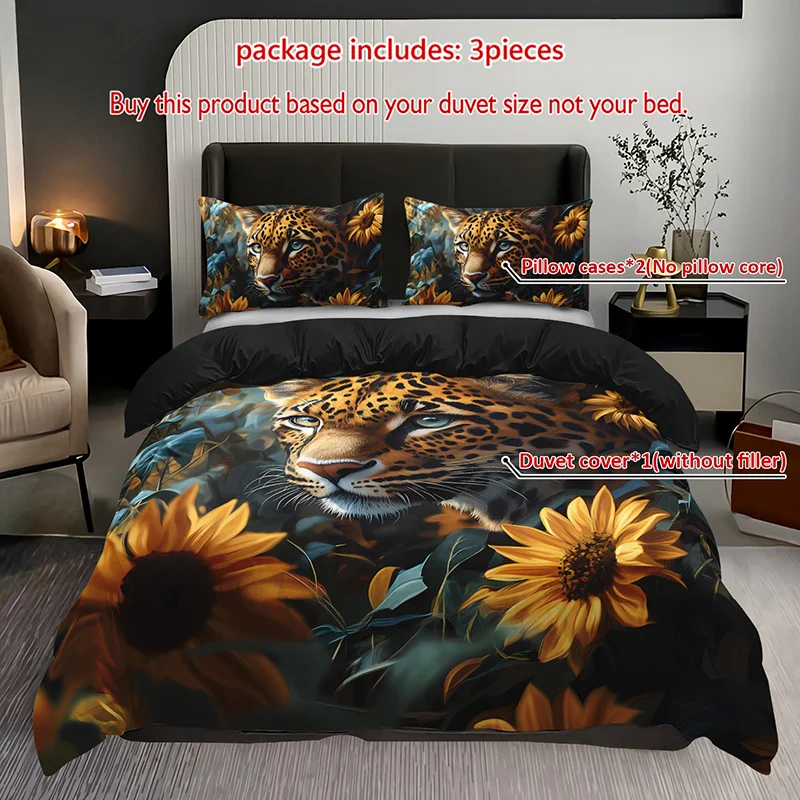 

3pcs Leopard Sunflower Bedding Duvet Cover Set Luxury Leopard Bedding Quilt Set Wildlife Themed Bed Quilt Set Elegant