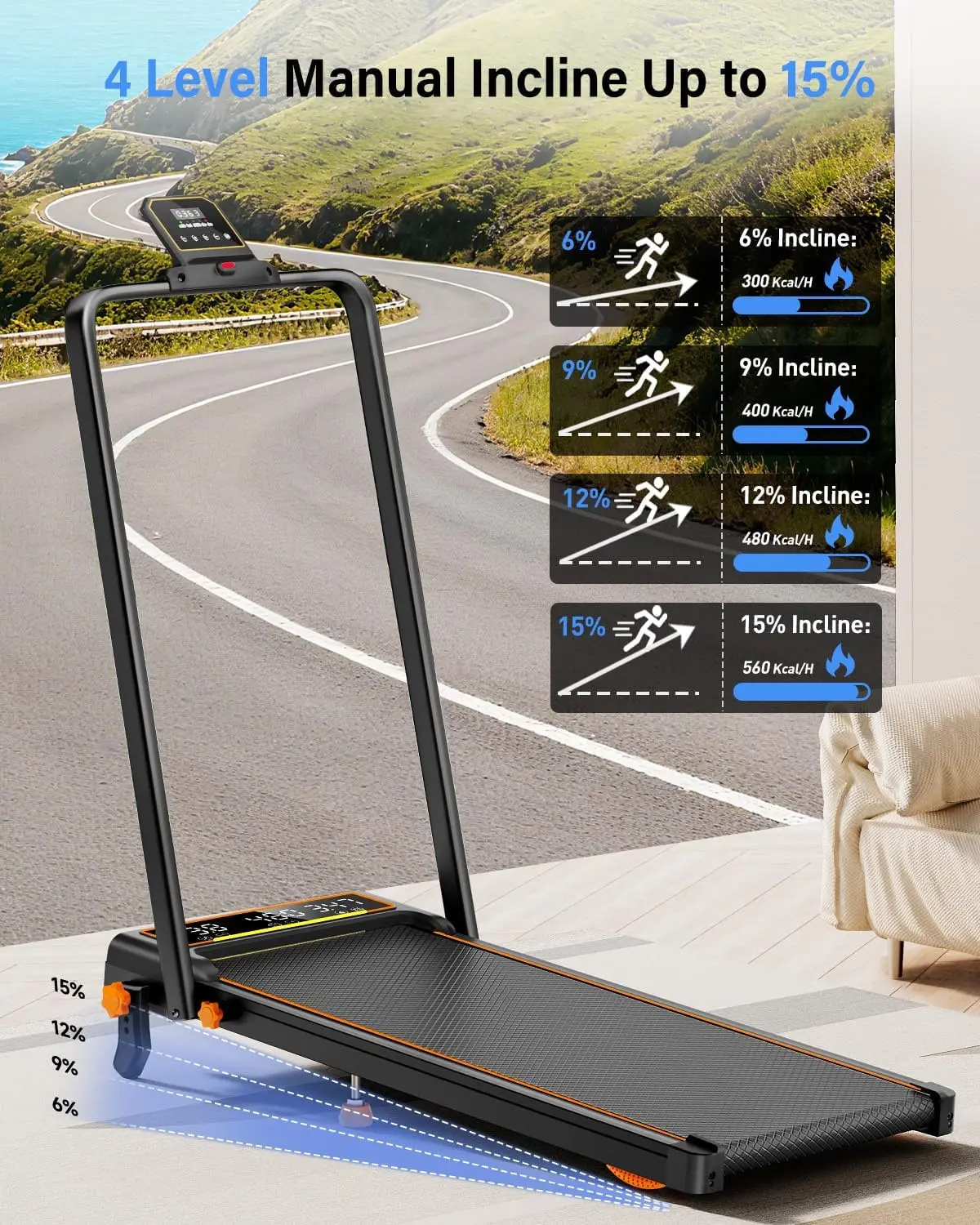 Home Treadmill with 15% Incline and Dual LED Display, 4-in-1 Walking Pad with Handle Bar, 3.5HP Foldable Running Machine with 4 Adjustable Incline Levels, RGB Light, Supports 350LBS