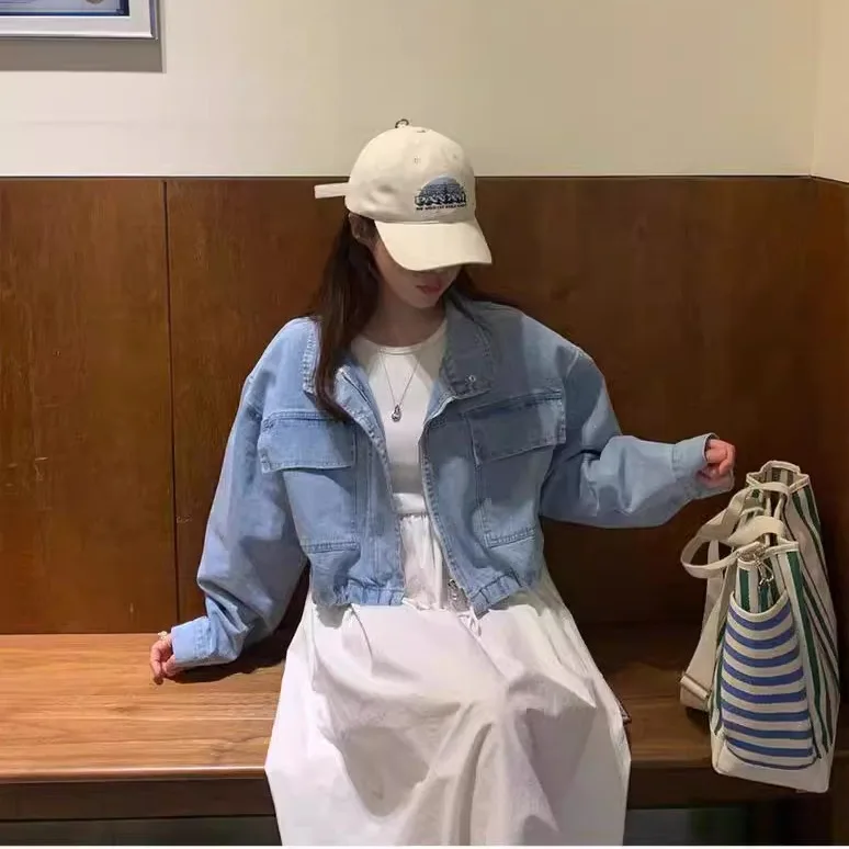 Chic ort Denim Jaet Damen Sweet Cool Workwear Sle Double ket Dstring Casual Loose Fit Spring Faion Top