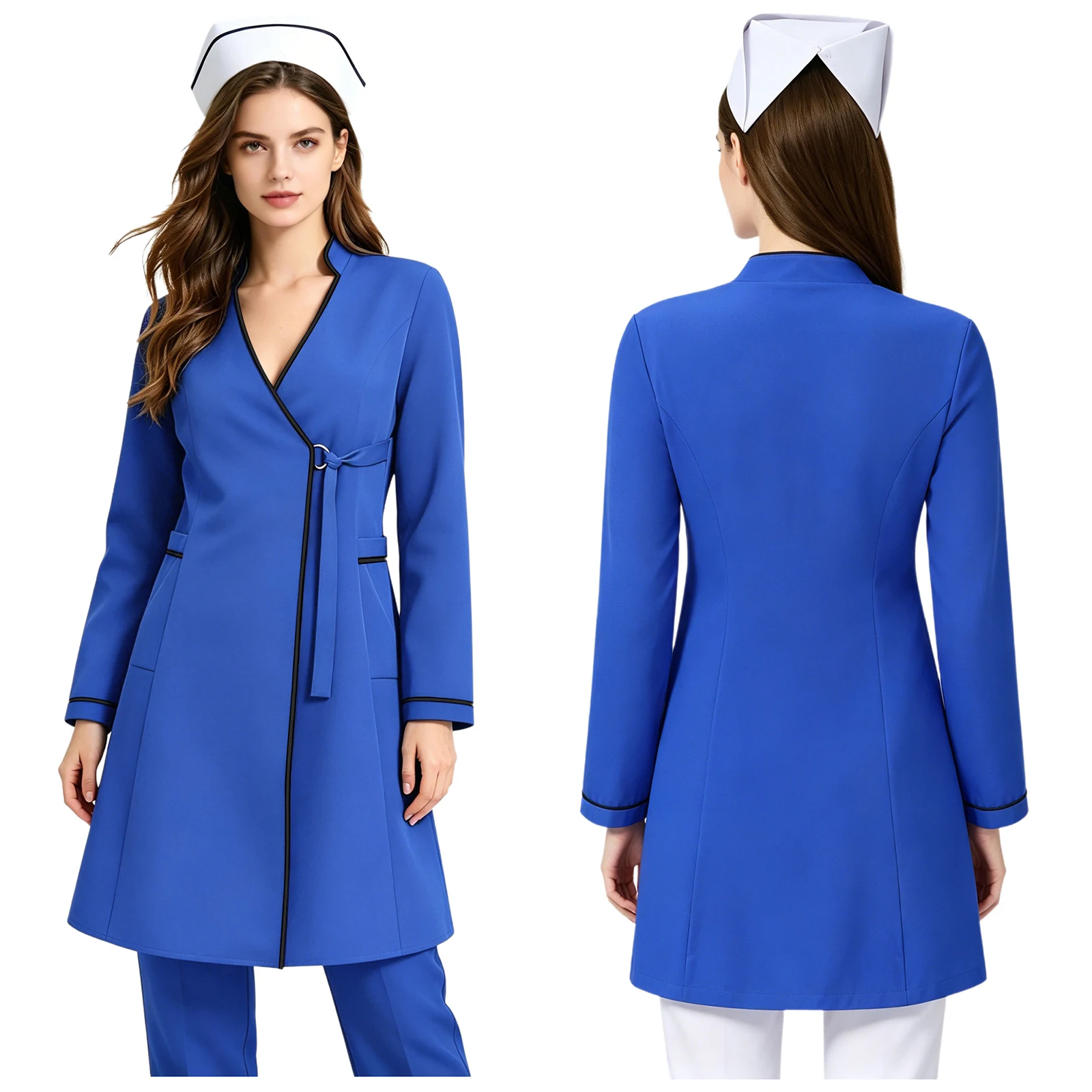 

Women Nurse Uniform Doctor Beautician Medical Scrub Coat Dress Workwear Long Sleeve Belted Wrap-style Pockets Shirt Jacket Tops