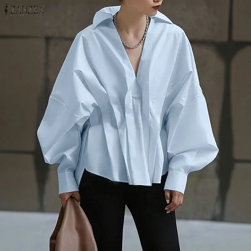 

ZANZEA Women's Stylish Chic Oversized Blue Blouses Turn-Down V-Neck Lantern Sleeves High-Low Hem Tops Minimalist Solid Blouse