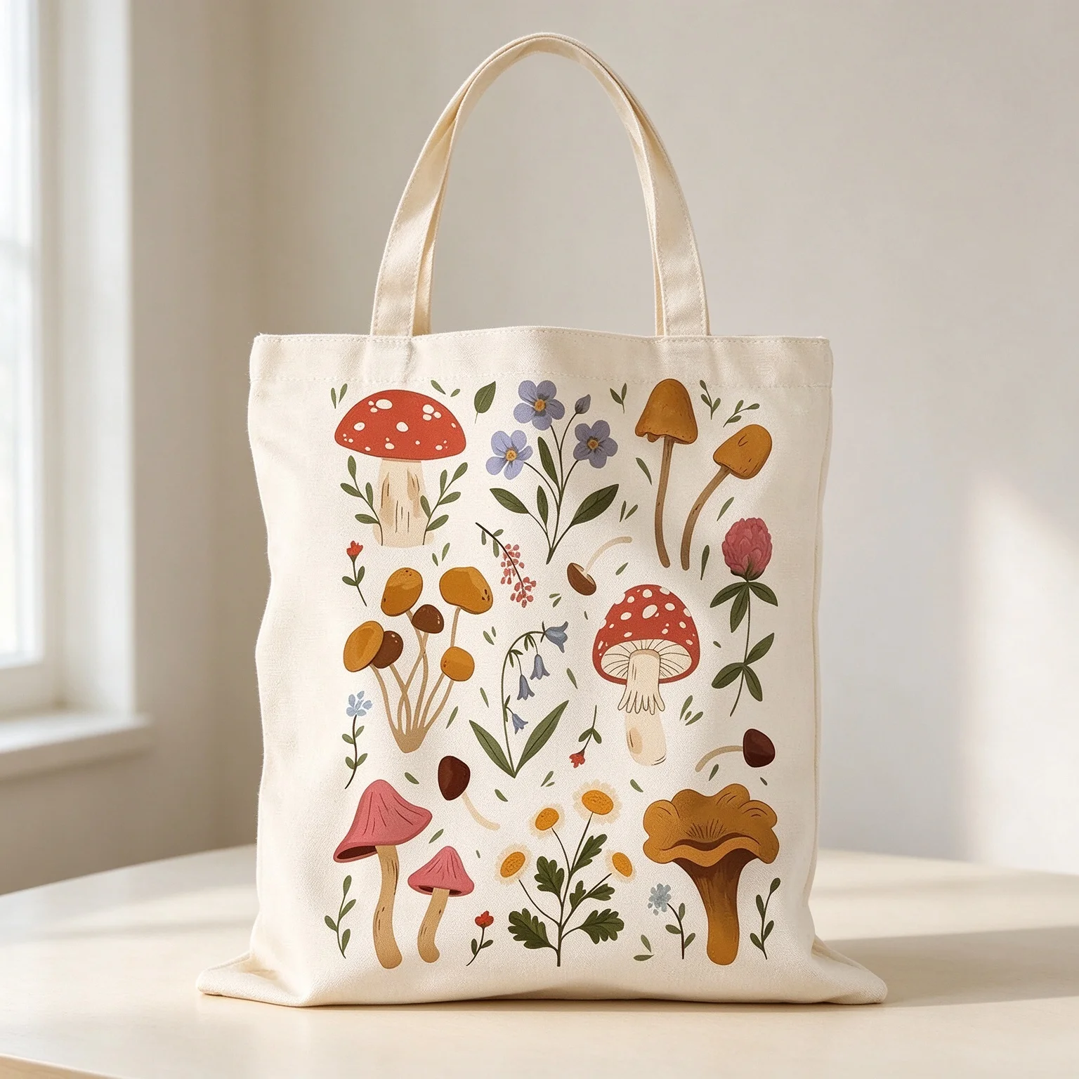 Canvas Shoulder Tote Bag Retro Botanical Mushroom and Wildflower Graphic Bag for Daily School Outdoor Use