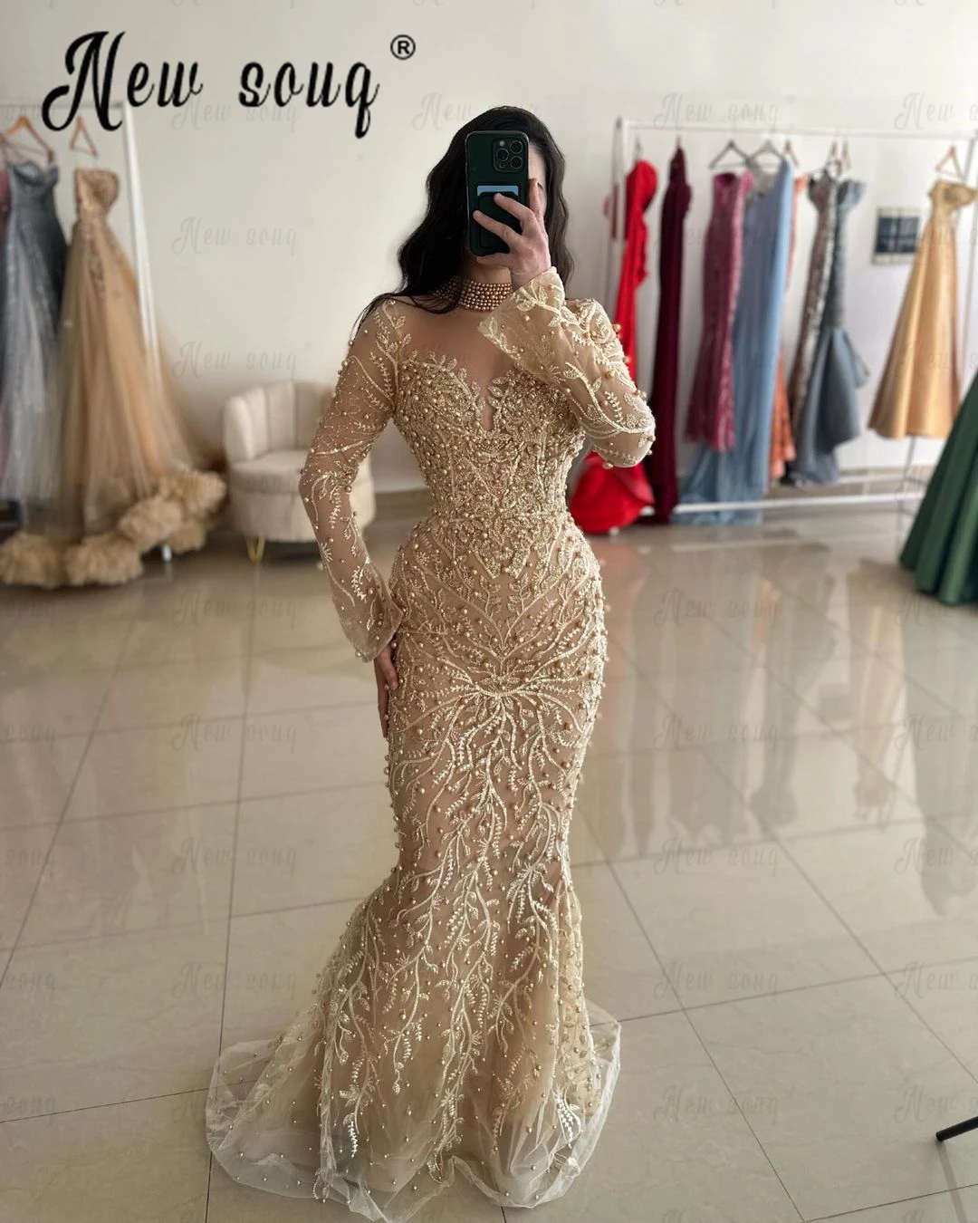 Arabic Champagne Turtlneck Evening Dress Long Sleeve Luxury Wedding Party Gowns Women Formal Occasion Prom Gowns Dubai Custom