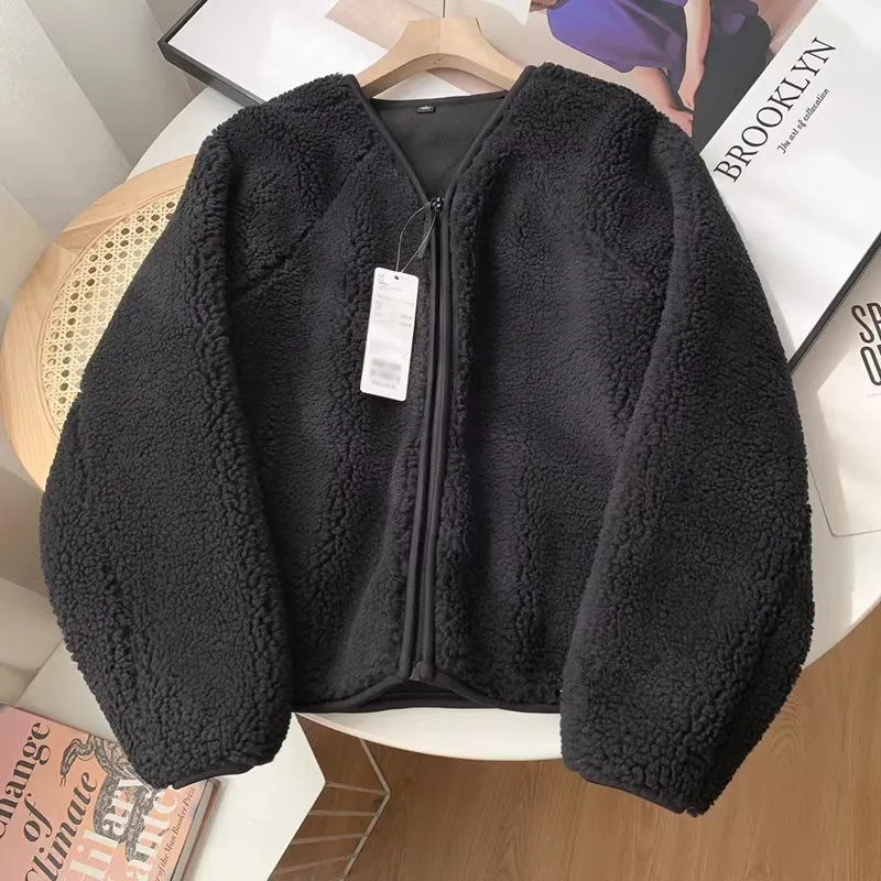 Vrouwen Nieuwe Zachte Shearling V-hals Rits Fleece Korte Jas Herfst Winterjassen voor Vrouwen Luxe Merk Lange mouwen Top kleding