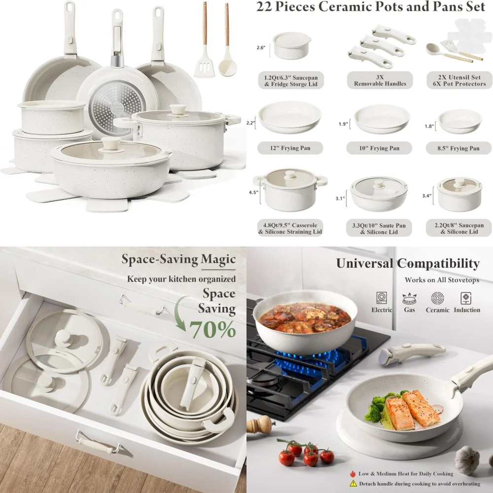 

Cookware Sets22 Piece Non Stick Cookware Set with Removable Handles Ceramic Pots and Pans for Healthy Cooking