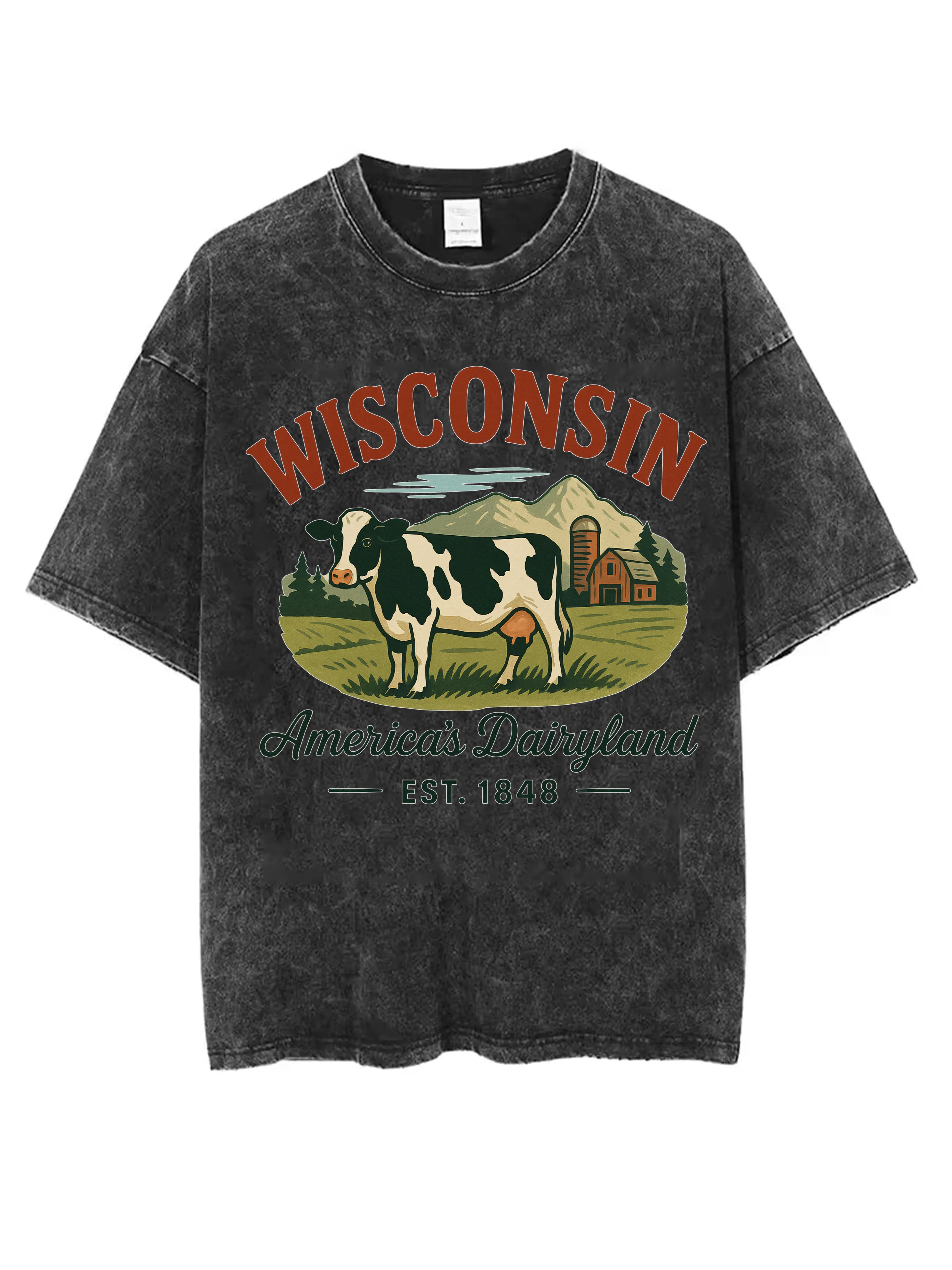 

WISCONSIN Женская черная потертая футболка с круглым вырезом, удобная свободная посадка для мужчин и женщин, идеально подходит для зимнего Рождества