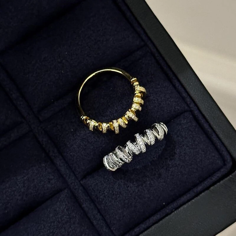Light luxury high-end irregular inlay diamond twisted ring satin ribbon wrapped winding vintage rings for women banquet jewelry