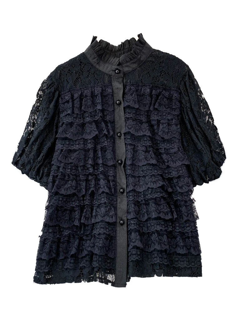 

Sweet Anti-Aging Floral Stand Collar Bubble Sve irt Women Summer High-End Lace Loose Slimming Top Korean Sle