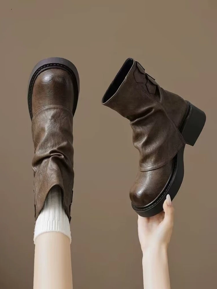 

Ботильоны Нескользящие Мокасины Массивные Женские Короткие Туфли Новые В Y2k Шикарный Ретро Стиль Высококачественная Рок-Обувь Ботильоны для Женщин