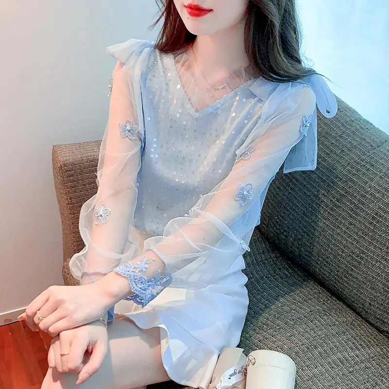 Spring Autumn Fashion Solid Chiffon Shirts Women's Clothing Sweat Loose Pullovers All Match V Neck Long Sleeve Sequins Blouses