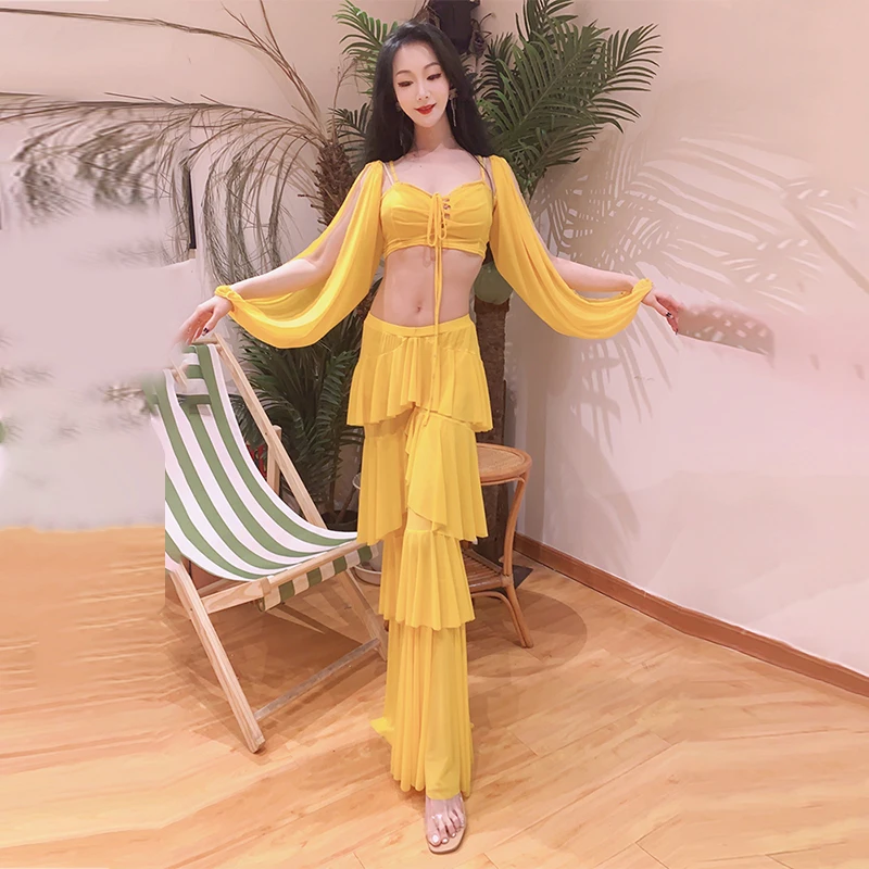 Belly Dance Practice Suit for Women Bellydancing Elastic Cake Pants White Top 2pcs Oriental Dance Suit Female Oriental Outfit