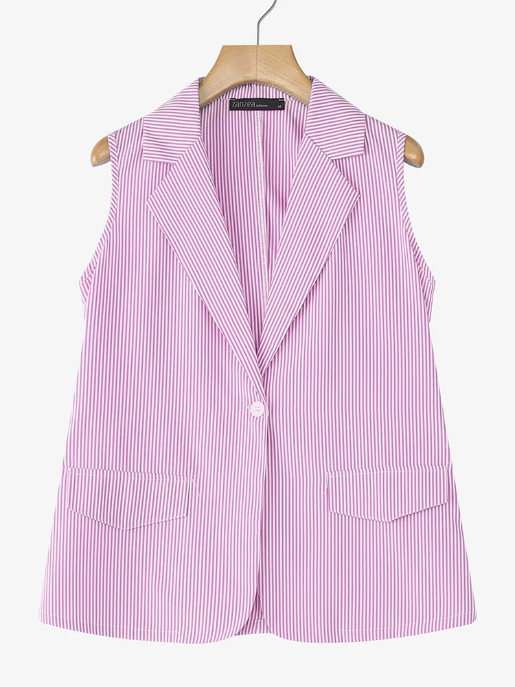 ZANZEA Women Fashion Striped Blazer Vests Elegant Notched Lapel Sleeveless Commuting Suit Waistcoats 2025 Fall Office Wear 3XL